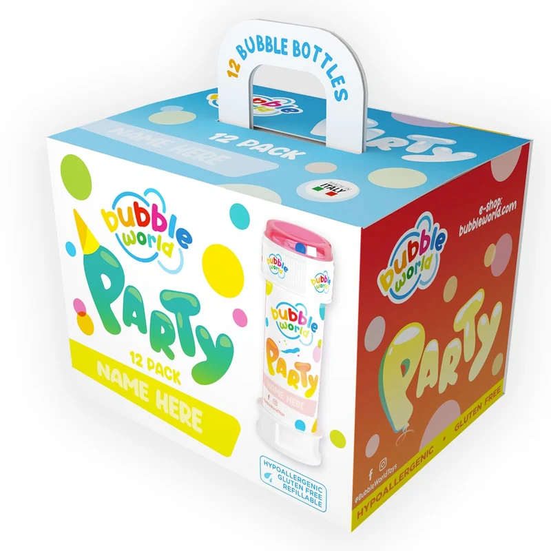 Bubble World - Party Bubbles - Bolle di Sapone - Confezione da 12pz - Tubetti monocolore e soffiatore integrato - Made in Italy