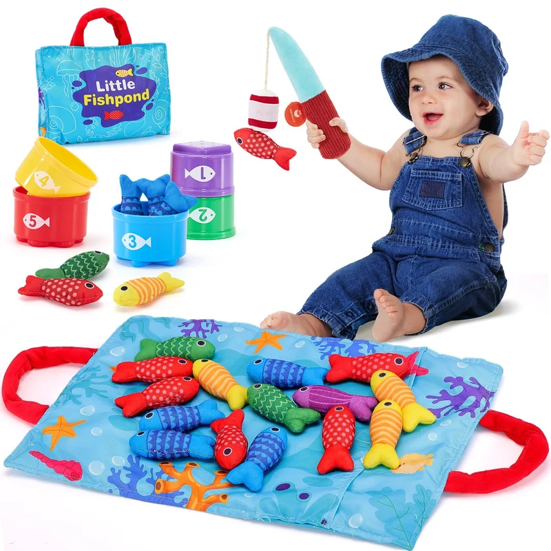 hahaland Giochi Montessori 1 Anno - Gioco Pesca Morbidi per Bambino con 15 Pesci - Gioco Bambino Colorato Giocattolo Educativo per 12-18 Mesi - Regali per Bambini 1 2 Anni