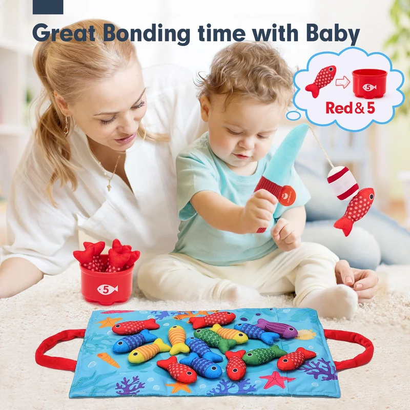 hahaland Giochi Montessori 1 Anno - Gioco Pesca Morbidi per Bambino con 15 Pesci - Gioco Bambino Colorato Giocattolo Educativo per 12-18 Mesi - Regali per Bambini 1 2 Anni