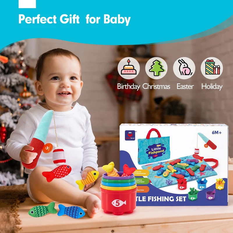 hahaland Giochi Montessori 1 Anno - Gioco Pesca Morbidi per Bambino con 15 Pesci - Gioco Bambino Colorato Giocattolo Educativo per 12-18 Mesi - Regali per Bambini 1 2 Anni