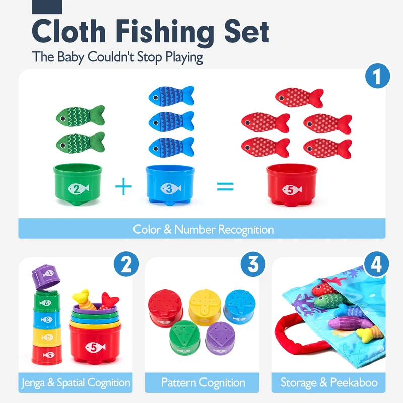 hahaland Giochi Montessori 1 Anno - Gioco Pesca Morbidi per Bambino con 15 Pesci - Gioco Bambino Colorato Giocattolo Educativo per 12-18 Mesi - Regali per Bambini 1 2 Anni