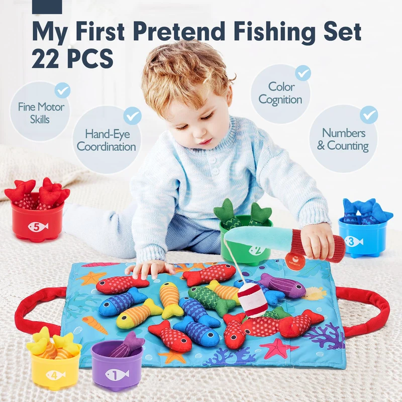 hahaland Giochi Montessori 1 Anno - Gioco Pesca Morbidi per Bambino con 15 Pesci - Gioco Bambino Colorato Giocattolo Educativo per 12-18 Mesi - Regali per Bambini 1 2 Anni