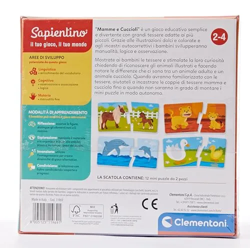 Clementoni Sapientino - Mamme e Cuccioli, Gioco Educativo per Bambini 2-4 Anni, Flashcards per Riconoscere gli Animali e i Loro Piccoli con Attività Divertenti e Colorate, Lingua Italiana, 16052