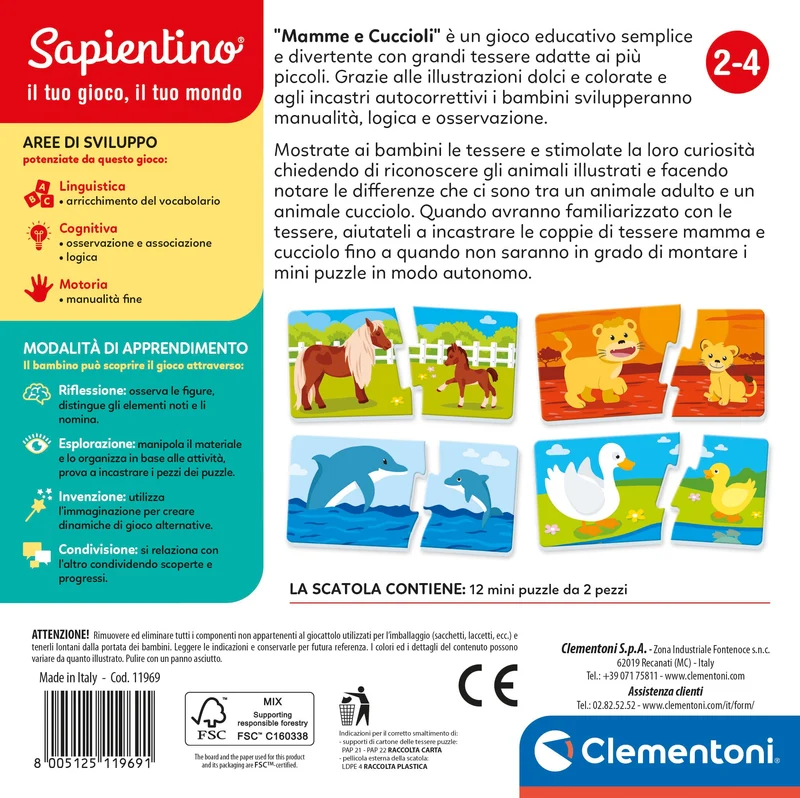 Clementoni Sapientino - Mamme e Cuccioli, Gioco Educativo per Bambini 2-4 Anni, Flashcards per Riconoscere gli Animali e i Loro Piccoli con Attività Divertenti e Colorate, Lingua Italiana, 16052