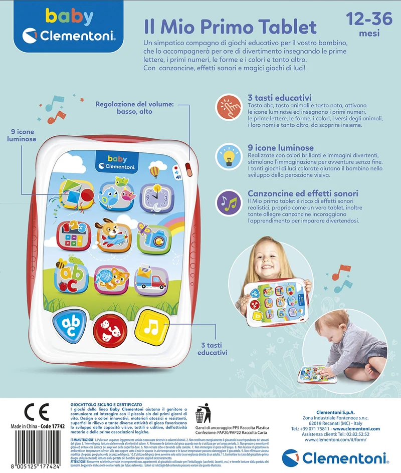 Clementoni Baby - Il Mio Primo Tablet Parlante, Gioco Interattivo con Luci e Suoni, Bambini 12-36 Mesi, Insegna Numeri, Lettere, Forme e Versi degli Animali, Lingua Italiana, 17742