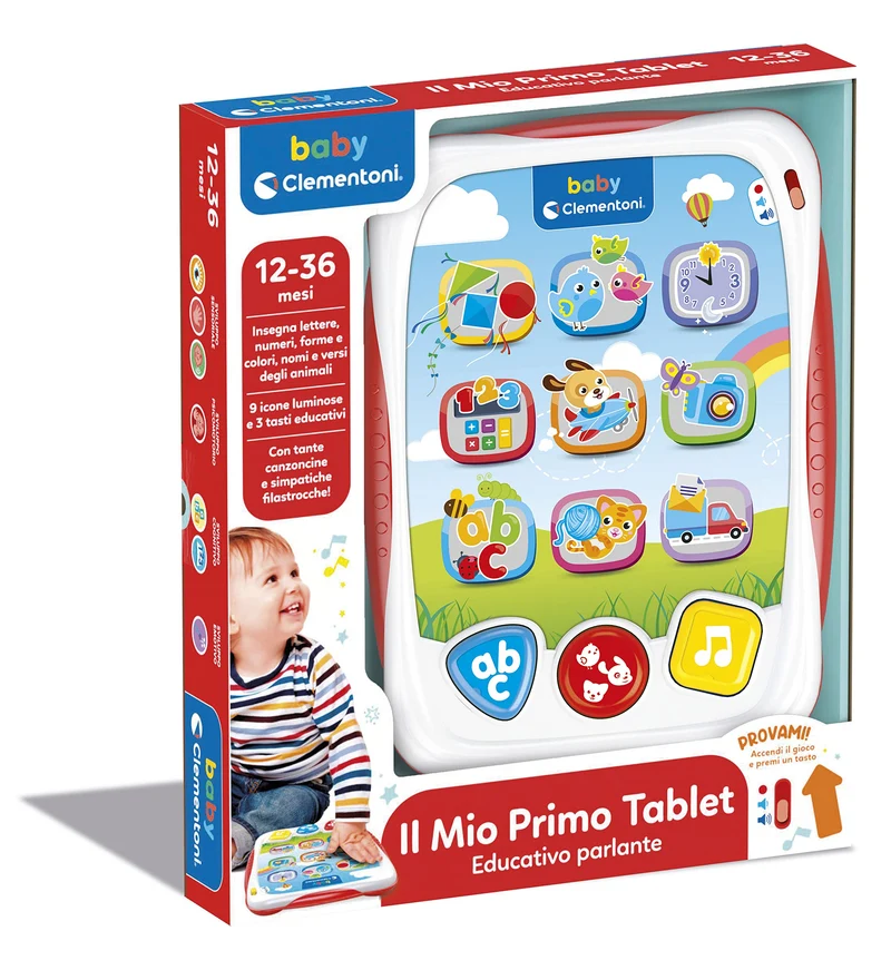 Clementoni Baby - Il Mio Primo Tablet Parlante, Gioco Interattivo con Luci e Suoni, Bambini 12-36 Mesi, Insegna Numeri, Lettere, Forme e Versi degli Animali, Lingua Italiana, 17742