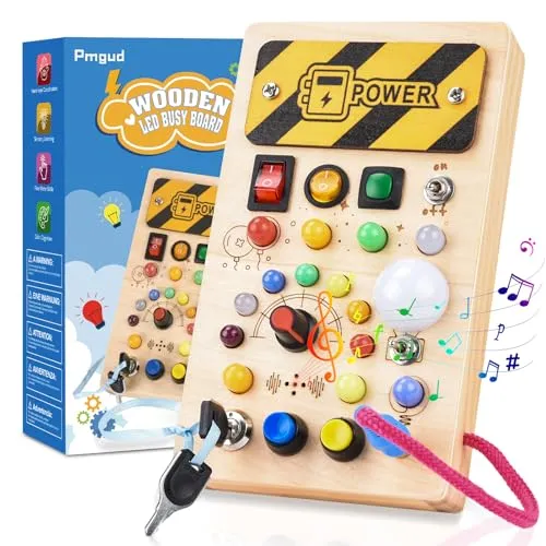 Pmgud Busy Board Montessori Activity Board a Partire da 1 Anno Giocattolo Montessori in Legno con 8 interruttori, 15 luci a LED, 6 musiche per Neonati e Bambini Piccoli Educazione sensoriale