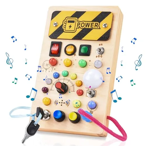 Pmgud Busy Board Montessori Activity Board a Partire da 1 Anno Giocattolo Montessori in Legno con 8 interruttori, 15 luci a LED, 6 musiche per Neonati e Bambini Piccoli Educazione sensoriale