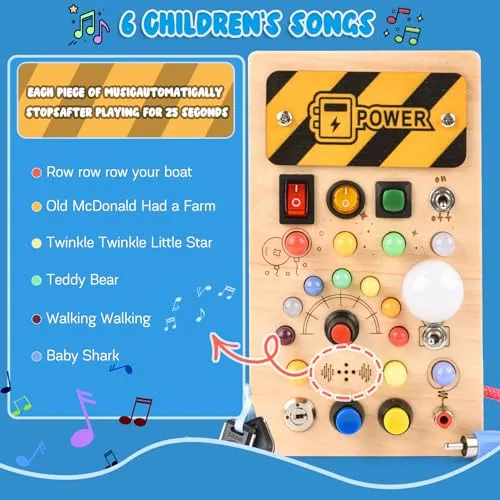Pmgud Busy Board Montessori Activity Board a Partire da 1 Anno Giocattolo Montessori in Legno con 8 interruttori, 15 luci a LED, 6 musiche per Neonati e Bambini Piccoli Educazione sensoriale