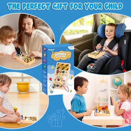 Pmgud Busy Board Montessori Activity Board a Partire da 1 Anno Giocattolo Montessori in Legno con 8 interruttori, 15 luci a LED, 6 musiche per Neonati e Bambini Piccoli Educazione sensoriale