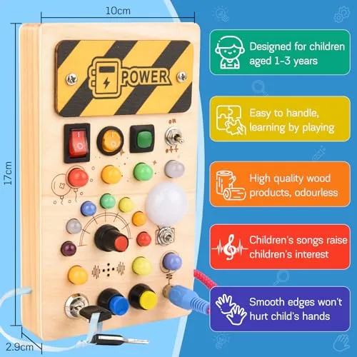 Pmgud Busy Board Montessori Activity Board a Partire da 1 Anno Giocattolo Montessori in Legno con 8 interruttori, 15 luci a LED, 6 musiche per Neonati e Bambini Piccoli Educazione sensoriale