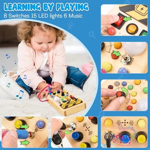 Pmgud Busy Board Montessori Activity Board a Partire da 1 Anno Giocattolo Montessori in Legno con 8 interruttori, 15 luci a LED, 6 musiche per Neonati e Bambini Piccoli Educazione sensoriale