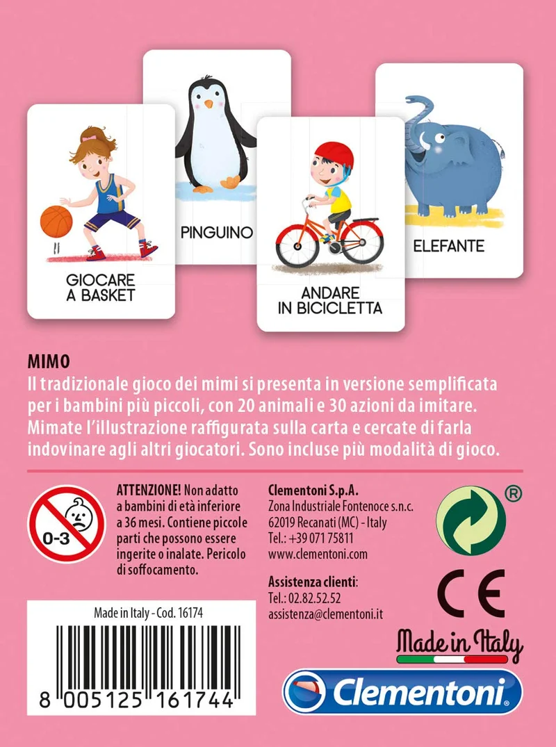 Clementoni - Mimo, Mazzo di 50 Carte per Imitare Pose e Indovinare l'Azione, per Bambini dai 4 Anni in Su e Tutta la Famiglia, 2-6 Giocatori, Idea Regalo Made in Italy, Lingua Italiana, 16174