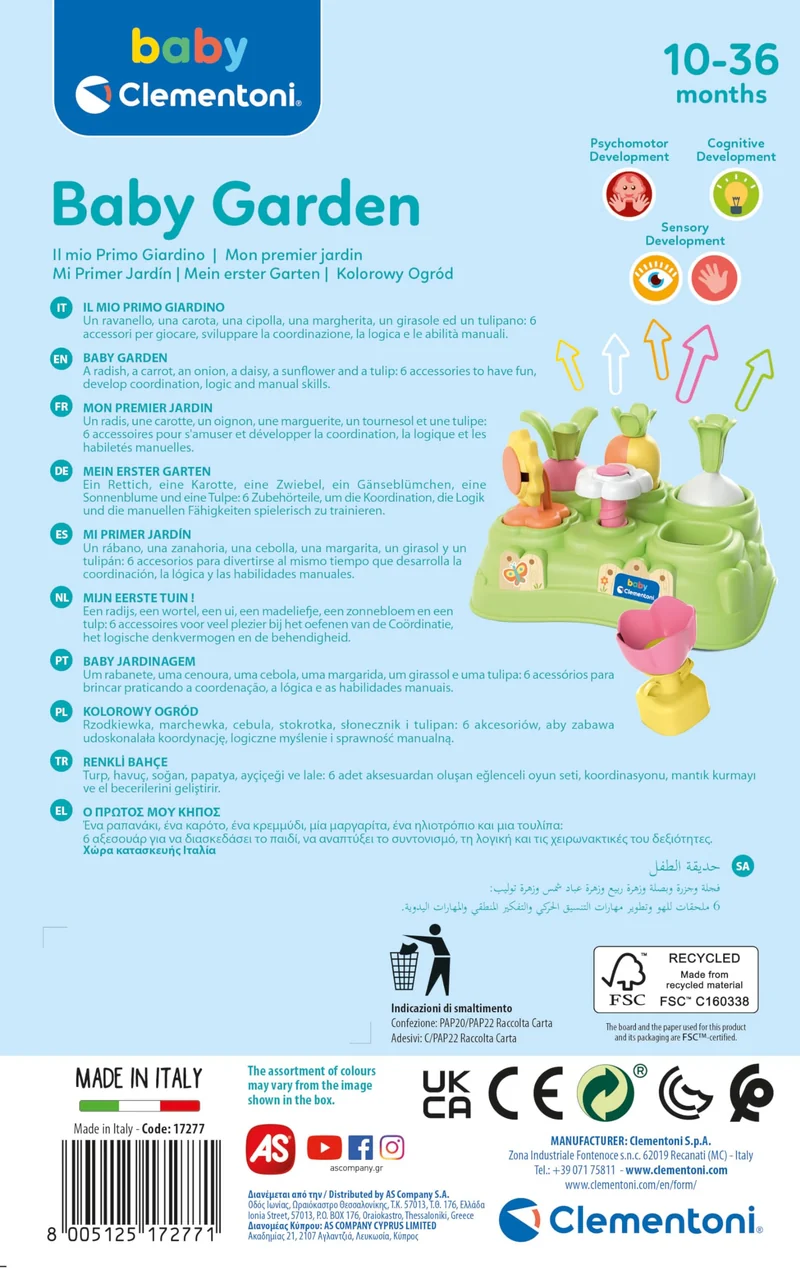 Clementoni - Banchetto in Plastica con 6 Elementi da Inserire, Baby Garden, Gioco per Bambini per lo Sviluppo di Coordinazione e Manualità, Regalo Bambini 0-36 Mesi, 17277