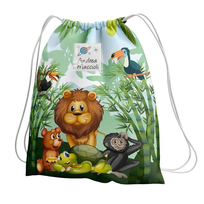 KAÏDENSÏ Sacca Asilo con Nome Personalizzata Giungla - Zainetto Asilo Nido 32x40 cm con Tasca Interna 20x10 cm - Zaino Asilo Bambino Originale per Bambini Piccoli