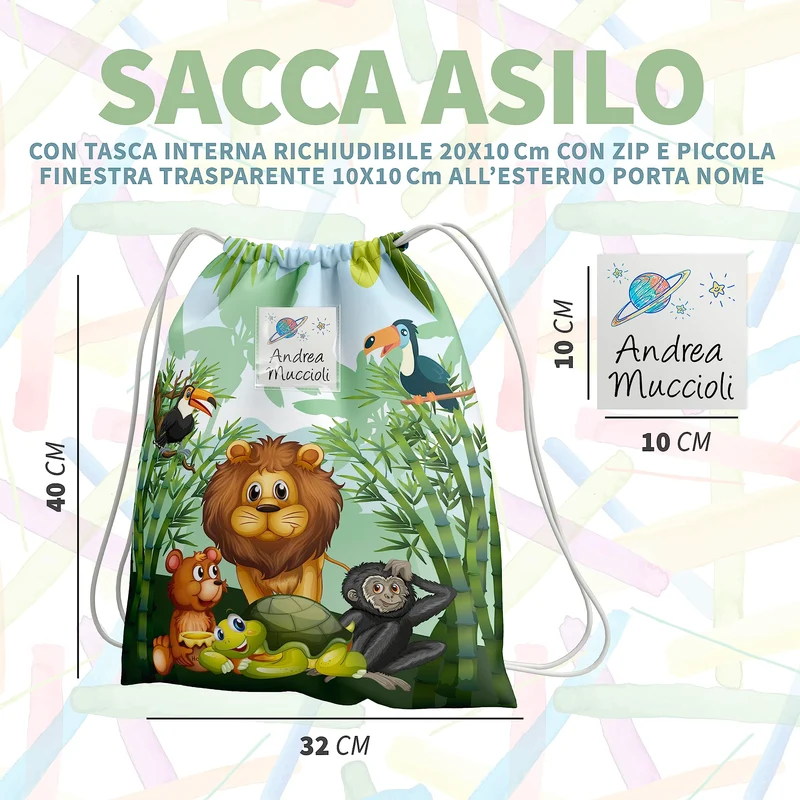 KAÏDENSÏ Sacca Asilo con Nome Personalizzata Giungla - Zainetto Asilo Nido 32x40 cm con Tasca Interna 20x10 cm - Zaino Asilo Bambino Originale per Bambini Piccoli