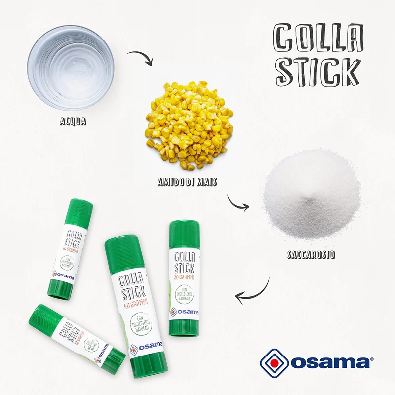 Osama - Colla Stick Extra Forte, 4 Pezzi + 1 Gratis, 10 gr - Set Colle Stick Ideale per Cancelleria Scuola, Ufficio e Università - Scorrevole, Resistente e Adatta ai Bambini, con Ingredienti Naturali