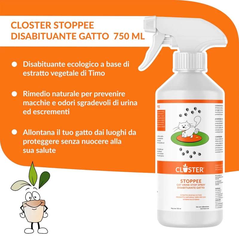 CLOSTER STOPPEE - Disabituante Gatti 750 ML - Spray Disabituante per Gatti vegetale a Base di Timo - Dissuasore per Gatti per Interni ed Esterni - deterrente per Gatti agisce in Modo 100% Naturale