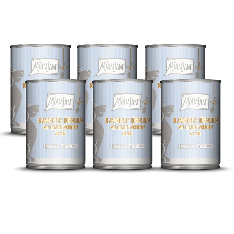 MjAMjAM - cibo umido premium per cani - pollo sbollentato con deliziose carote in salsa, confezione da 12 (12 x 380 g), senza cereali con carne extra