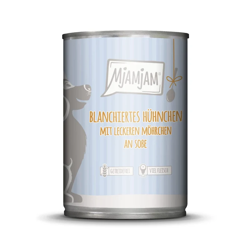 MjAMjAM - cibo umido premium per cani - pollo sbollentato con deliziose carote in salsa, confezione da 12 (12 x 380 g), senza cereali con carne extra