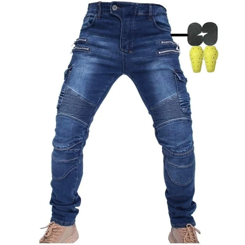 CBBI-WCCI Uomo Pantaloni da Moto Biker Jeans Protezione Motorcycle Pantaloni Rinforzato Slim Fit Armature Pants, 4 x Pad di Protezione (M = 30W / 31L, Blu)