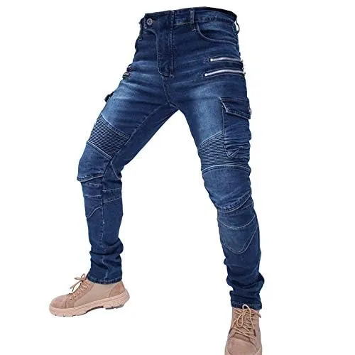 CBBI-WCCI Uomo Pantaloni da Moto Biker Jeans Protezione Motorcycle Pantaloni Rinforzato Slim Fit Armature Pants, 4 x Pad di Protezione (M = 30W / 31L, Blu)