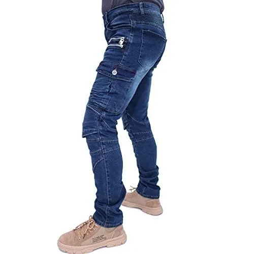 CBBI-WCCI Uomo Pantaloni da Moto Biker Jeans Protezione Motorcycle Pantaloni Rinforzato Slim Fit Armature Pants, 4 x Pad di Protezione (M = 30W / 31L, Blu)
