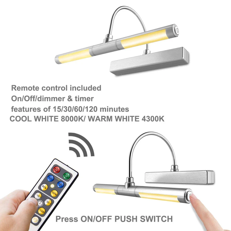 BIGLIGHT illuminare quadri,luci per quadri a batteria,Lampada per Quadri con Telecomando Dimmer di Luminosit¨¤,luci per quadri a batteria con forcellone oscillante a 180¡ã,d'argento