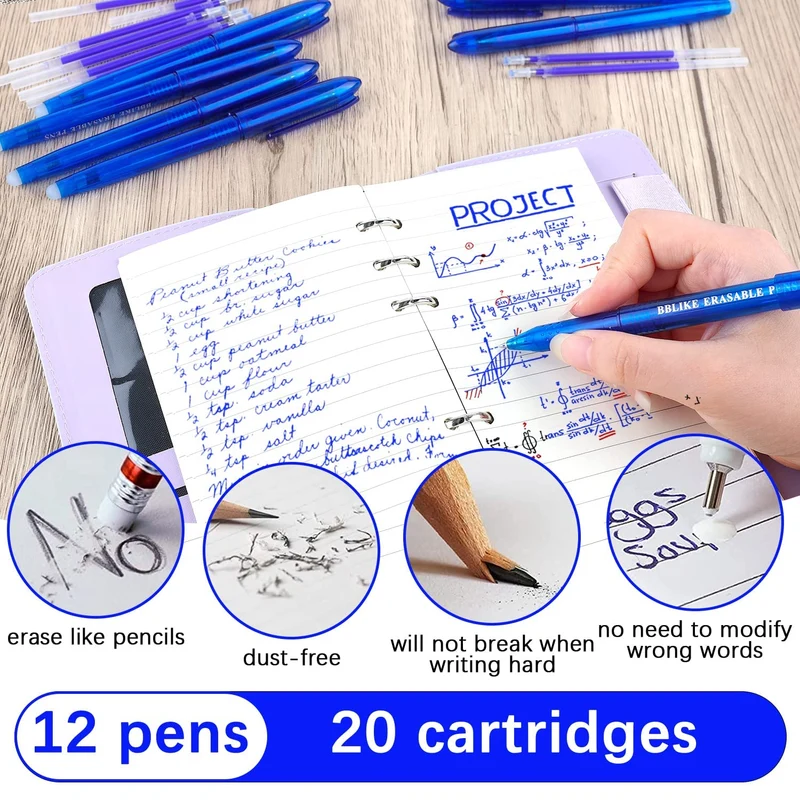 BBLIKE Penna a sfera cancellabile, 12 penne gel e 20 penne Friction da 0,7 mm, punta in gel con gomma (blu)