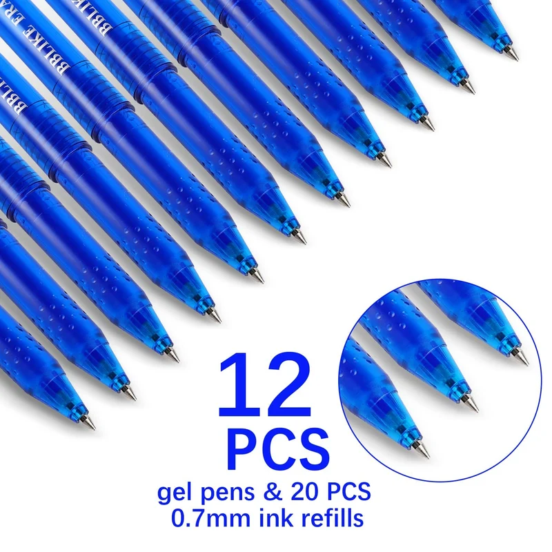 BBLIKE Penna a sfera cancellabile, 12 penne gel e 20 penne Friction da 0,7 mm, punta in gel con gomma (blu)