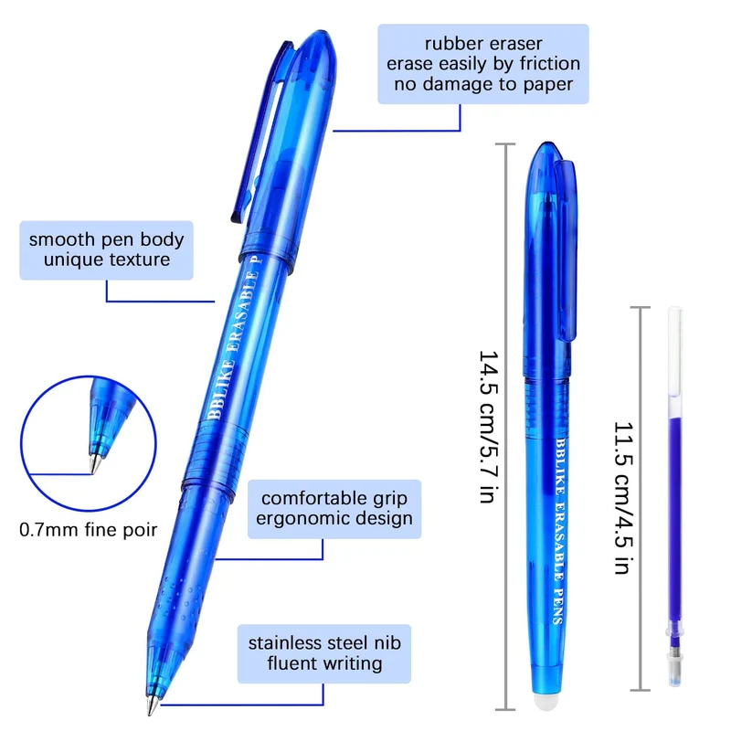 BBLIKE Penna a sfera cancellabile, 12 penne gel e 20 penne Friction da 0,7 mm, punta in gel con gomma (blu)