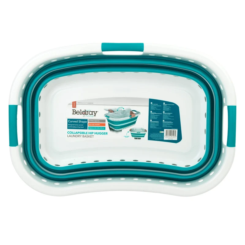 Beldray LA072979TQEU Cestello per bucato, curvo e sagomato per adattarsi al corpo, cestello pieghevole, manici ergonomici a 2 vie antiscivolo, 37 litri, cesta pieghevole bucato, turchese