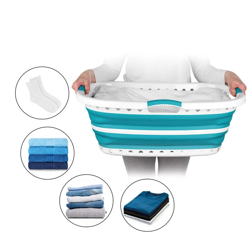 Beldray LA072979TQEU Cestello per bucato, curvo e sagomato per adattarsi al corpo, cestello pieghevole, manici ergonomici a 2 vie antiscivolo, 37 litri, cesta pieghevole bucato, turchese