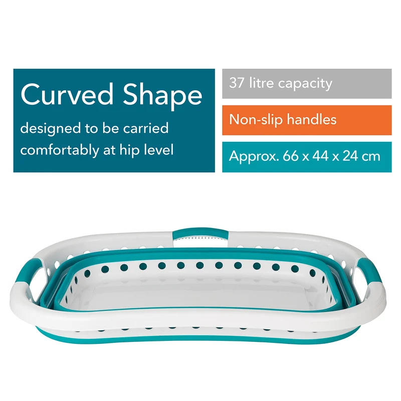 Beldray LA072979TQEU Cestello per bucato, curvo e sagomato per adattarsi al corpo, cestello pieghevole, manici ergonomici a 2 vie antiscivolo, 37 litri, cesta pieghevole bucato, turchese