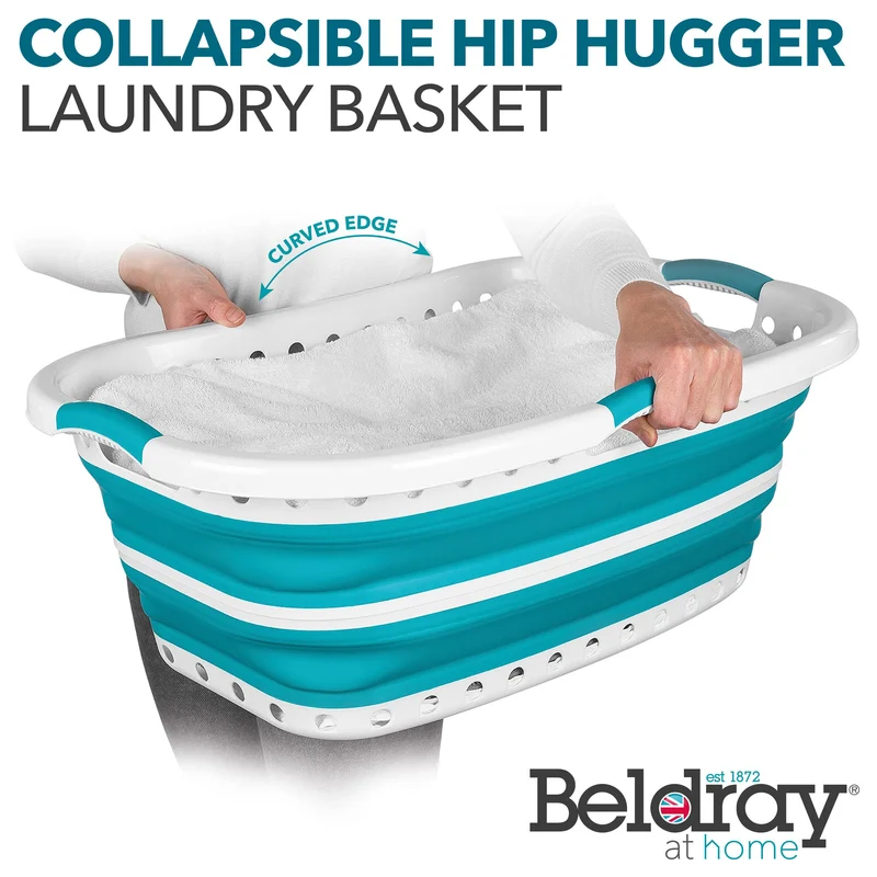 Beldray LA072979TQEU Cestello per bucato, curvo e sagomato per adattarsi al corpo, cestello pieghevole, manici ergonomici a 2 vie antiscivolo, 37 litri, cesta pieghevole bucato, turchese