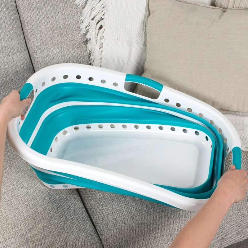 Beldray LA072979TQEU Cestello per bucato, curvo e sagomato per adattarsi al corpo, cestello pieghevole, manici ergonomici a 2 vie antiscivolo, 37 litri, cesta pieghevole bucato, turchese