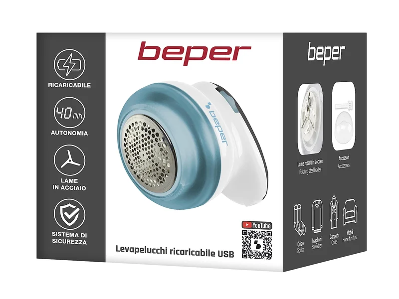 Beper Levapelucchi Ricaricabile USB, Autonomia fino a 40 minuti, Rimuove pelucchie e nodi, Lame in acciaio, Potente e Sicuro