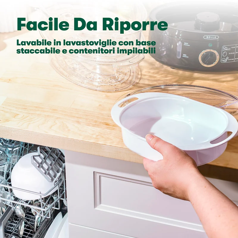 BELLA Vaporiera a Due Livelli con Contenitori Impilabili e Base Staccabile per Una Cottura Rapida e Simultanea, Capacità 7 L, Nero, Vaporiera a Due Livelli