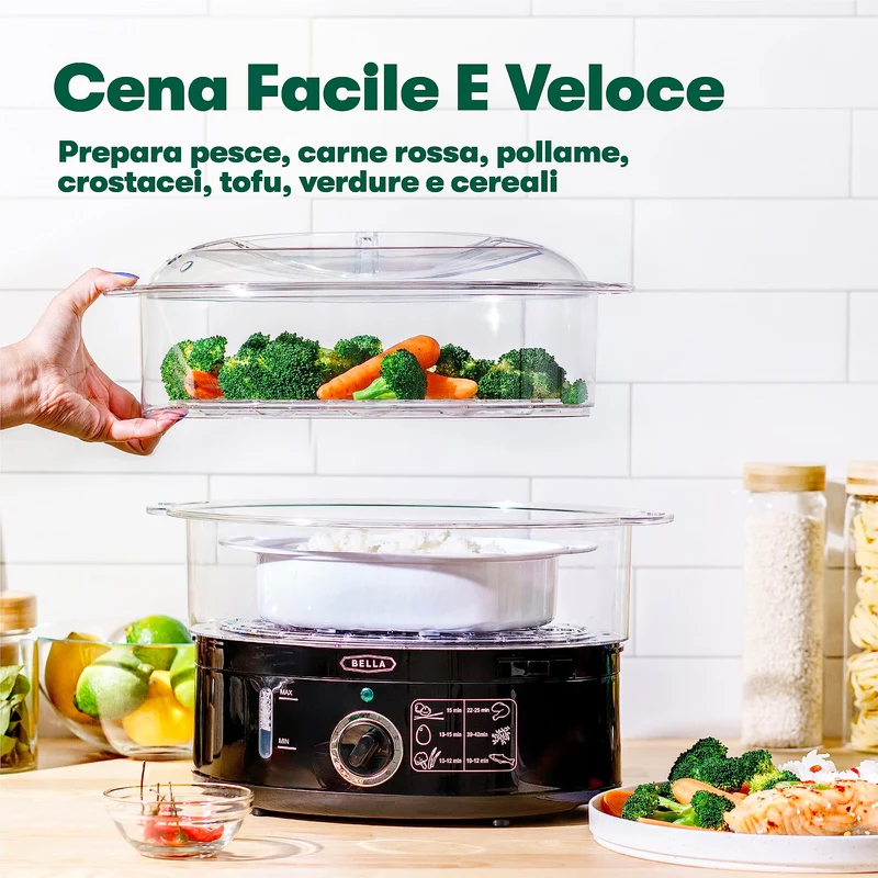 BELLA Vaporiera a Due Livelli con Contenitori Impilabili e Base Staccabile per Una Cottura Rapida e Simultanea, Capacità 7 L, Nero, Vaporiera a Due Livelli
