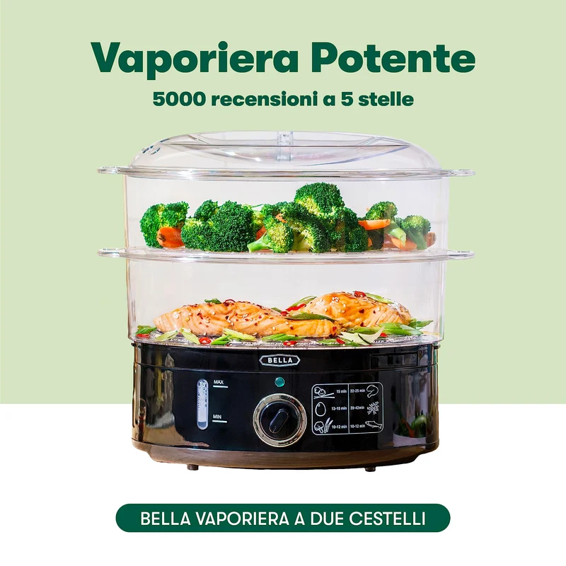 BELLA Vaporiera a Due Livelli con Contenitori Impilabili e Base Staccabile per Una Cottura Rapida e Simultanea, Capacità 7 L, Nero, Vaporiera a Due Livelli