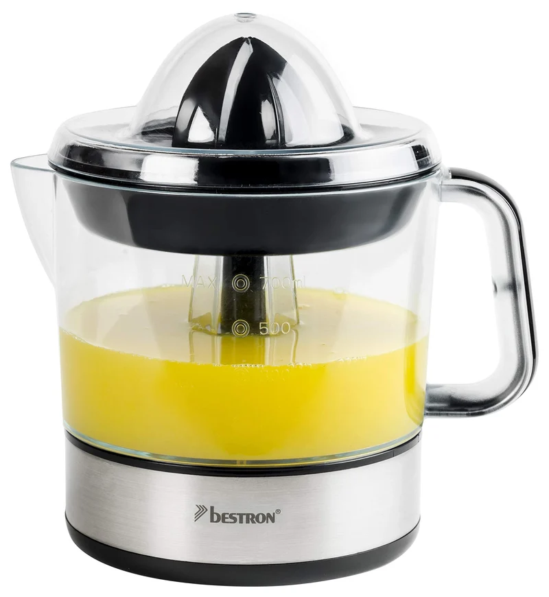Bestron Spremiagrumi elettrico, Spremi agrumi elettronico con 2 coni di spremitura e coperchio per aromi, motore con due sensi di rotazione (sinistra/destra), capacità: 0,7 litri, 40 watt, argento