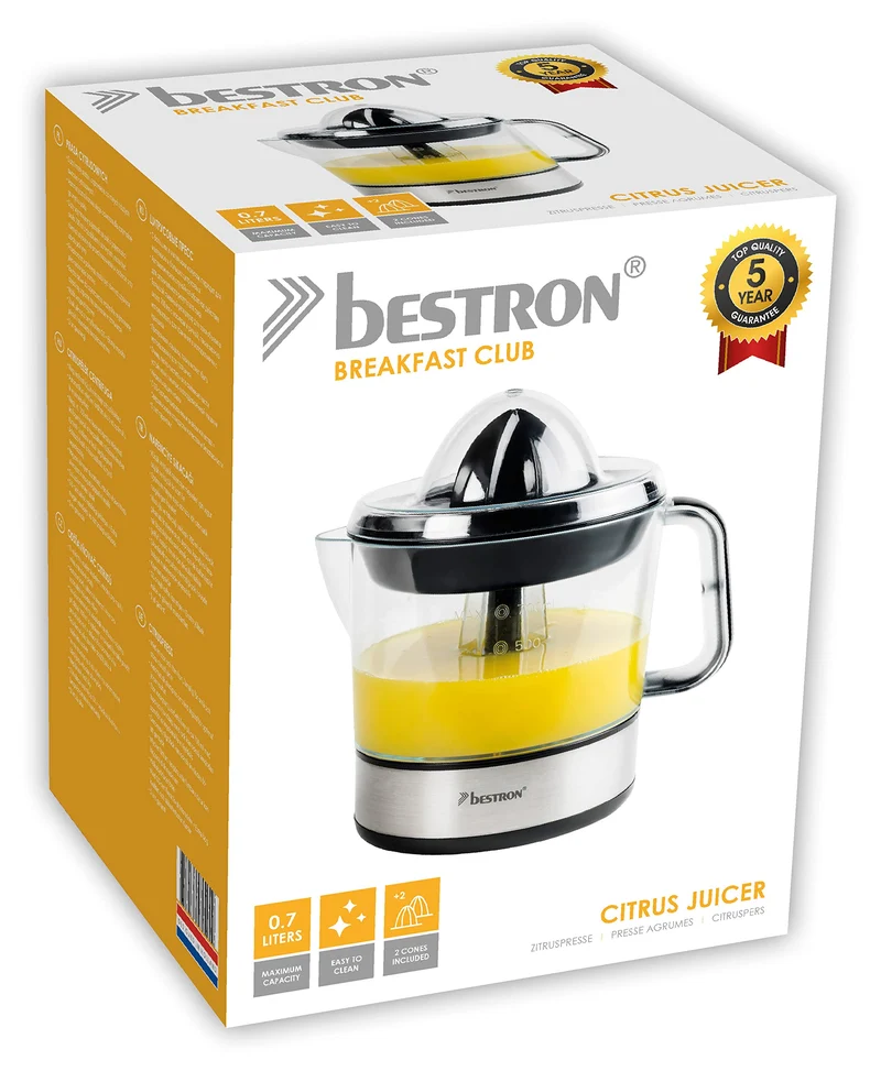Bestron Spremiagrumi elettrico, Spremi agrumi elettronico con 2 coni di spremitura e coperchio per aromi, motore con due sensi di rotazione (sinistra/destra), capacità: 0,7 litri, 40 watt, argento