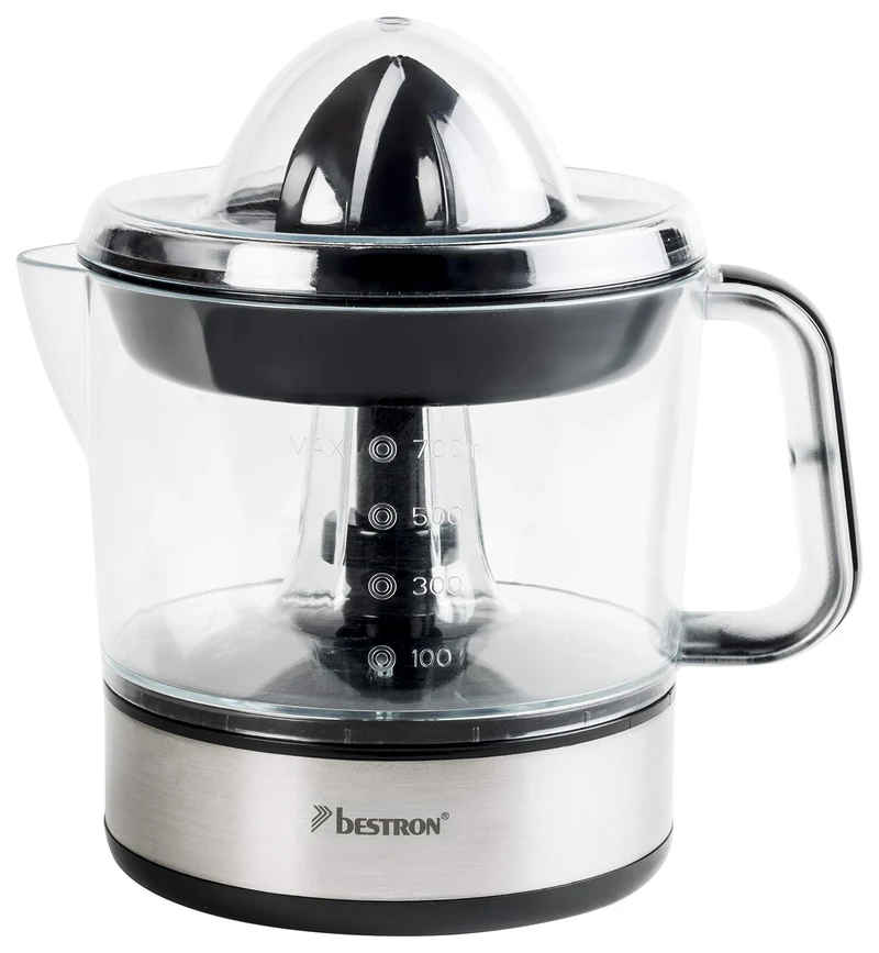 Bestron Spremiagrumi elettrico, Spremi agrumi elettronico con 2 coni di spremitura e coperchio per aromi, motore con due sensi di rotazione (sinistra/destra), capacità: 0,7 litri, 40 watt, argento