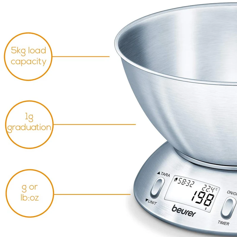 Beurer KS 54- Bilancia da Cucina con Ciotola in Acciaio Inox