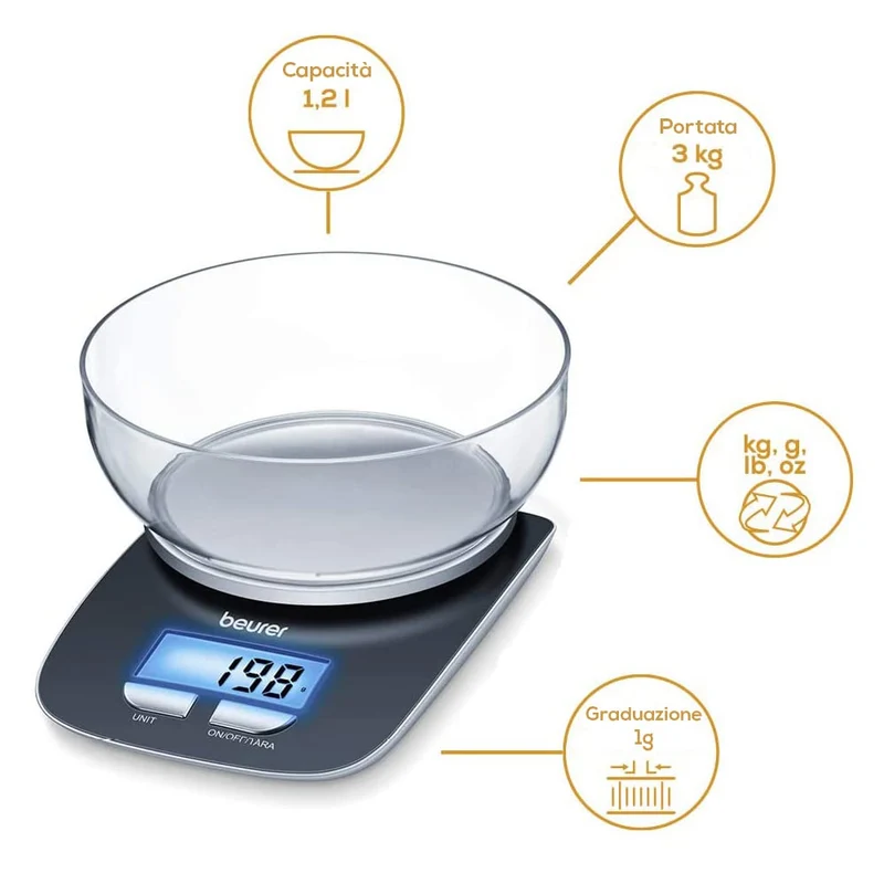 Beurer Ks 25 Bilancia Digitale Da Cucina Con Ciotola, Nero, 22 x 15 x 5 Cm