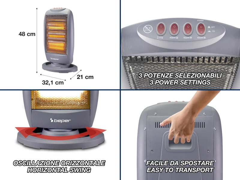 BEPER P203PAN010 Stufa Alogena Oscillante, 1200W, Basso Consumo Energetico, Silenziosa, Protezione termica, Grigia