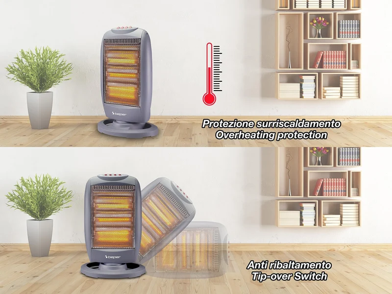 BEPER P203PAN010 Stufa Alogena Oscillante, 1200W, Basso Consumo Energetico, Silenziosa, Protezione termica, Grigia