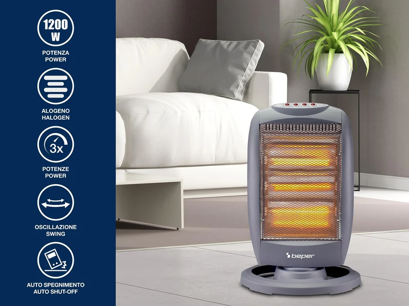 BEPER P203PAN010 Stufa Alogena Oscillante, 1200W, Basso Consumo Energetico, Silenziosa, Protezione termica, Grigia