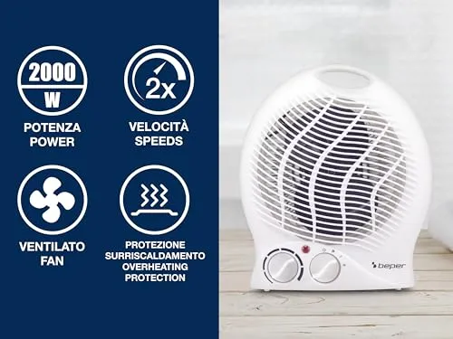 BEPER P203TER201 Termoventilatore da Bagno con Termostato Regolabile - Scaldino Elettrico Bagno Basso Consumo, 2000W