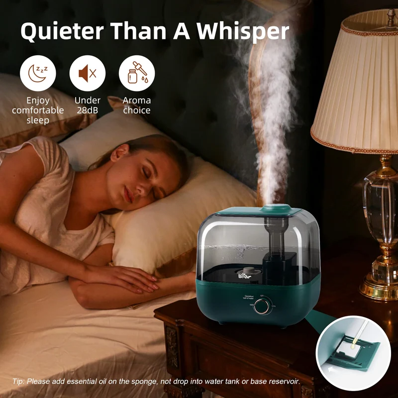 BEAR Umidificatore 5L a Riempimento Dall'alto, 28dB Ultra Silenzioso, Adatto a Bambini e Piante, 35 Ore Di Funzionamento, con Vassoio per Aromi, Ugello Rotante a 360°, Spegnimento Automatico